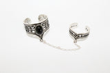 Double ring silver 925 black onyx Adjustable rings with chain