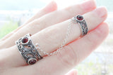 Double ring with red stones Silver 925 Floral Herbal pattern
