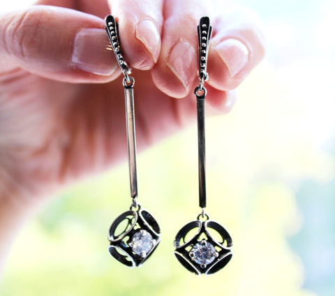 Very long earrings SILVER 925 white zircon stones jewelry