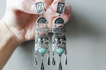 Natural GREEN jade long Earrings and ring STERLING silver 925