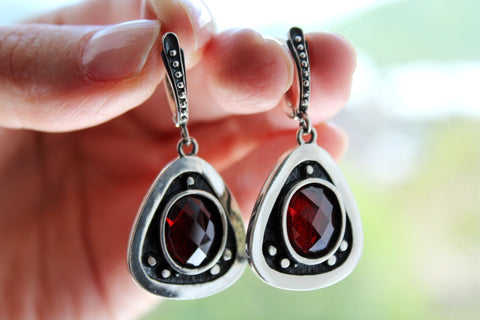 Silver 925 EARRINGS oxidized Black with red zircon jewelry