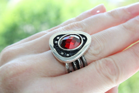 Silver 925 RING oxidized Black with red zircon jewelry