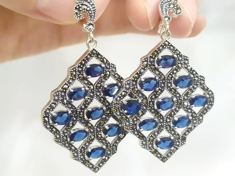 Earrings Silver 925 Extra big earring Blue zircon stones