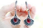 Silver 925 jewelry set Long earrings with red quartz stone and small