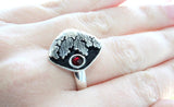 Ring Silver 925 Black jewelry with cracks and red stone