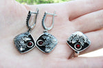 Earrings SILVER 925 Black jewelry with cracks and red stone