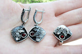 Earrings SILVER 925 Black jewelry with cracks and red stone