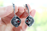 Earrings SILVER 925 Black jewelry with cracks and red stone