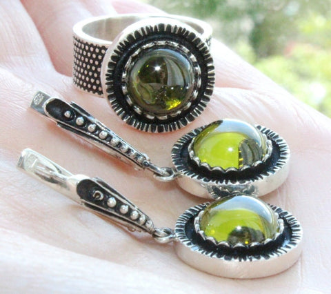 Small jewelry SET silver 925 with lab citrine stones greenish yellow
