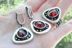 Wine red stone burgundy Silver 925 SET Earrings and ring oxidized