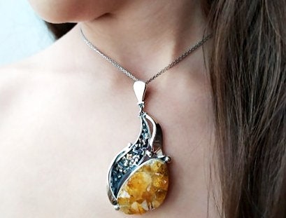 Sterling silver SET 925 natural citrine druse Pendant