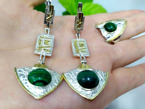 Gold plated silver 925 SET Very Long earring Earrings and Small ring Malachite