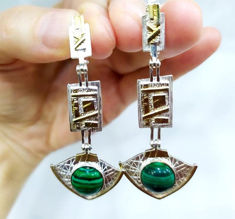 Gold plated silver 925 Very Long Earrings Malachite natural