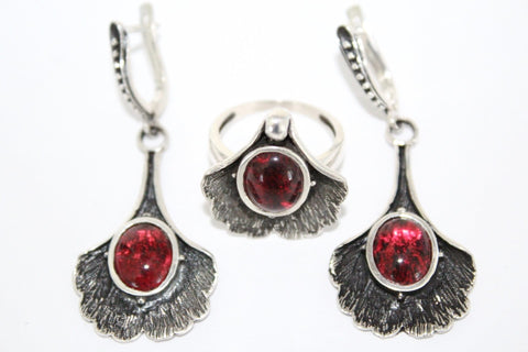 Silver 925 jewelry set Long earrings with red quartz stone and small