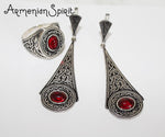 Silver  jewelry SET Earrings Garnet stone long dangly and Ring