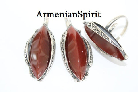 Carnelian natural SET Silver 925 Long Earrings and adjustable ring