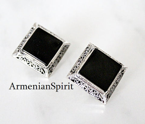 Black onyx earrings square SILVER 925 jewelry