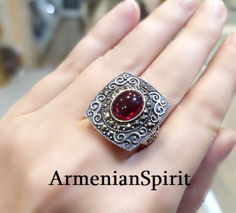 Marcasite Silver Ring Vintage with red stone Handmade jewelry