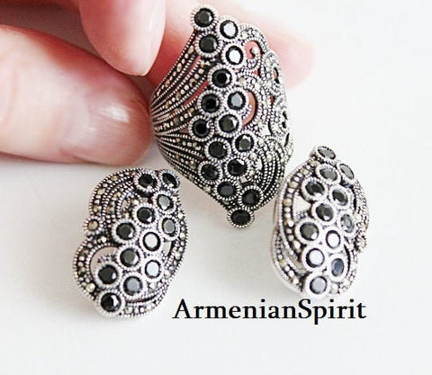 Vintage Black onyx ring and earrings SILVER 925