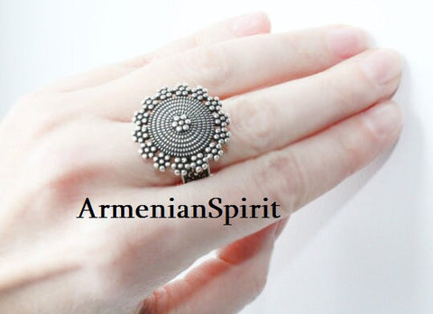 Ring adjustable round flower Sterling silver 925