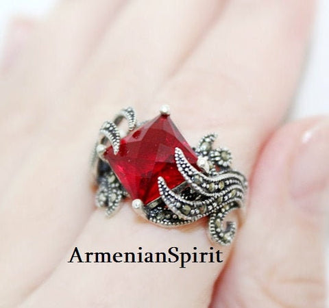 Jewelry Red Marcasite Ring red accessories STERLING SILVER 925