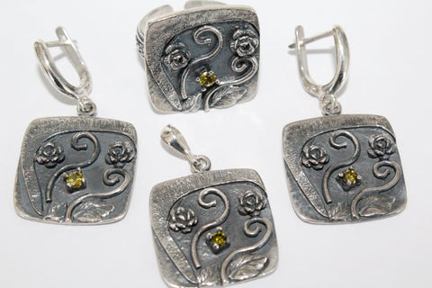 Yellow citrine jewelry SET SILVER 925 Earrings Ring Pendant chain