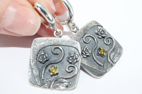Yellow citrine Earrings SILVER 925 with roses