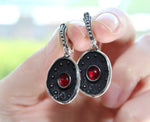 Black Red Earrings Silver 925 Oval with red garnet stone