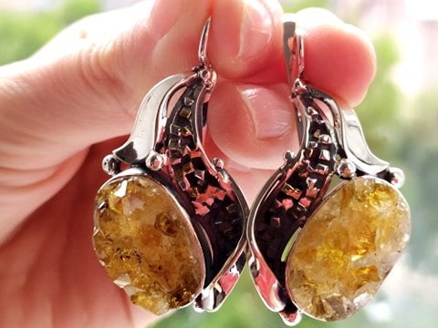 Dangle earrings Sterling silver SET 925 natural citrine