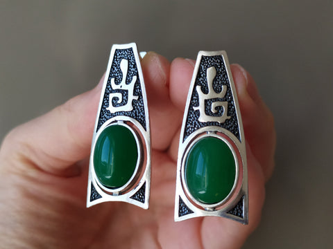 SILVER 925 Jade Green natural earrings cabochon gemstone