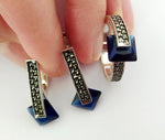 Small earrings blue Silver 925 Marcasite jewelry Minimalist Modern