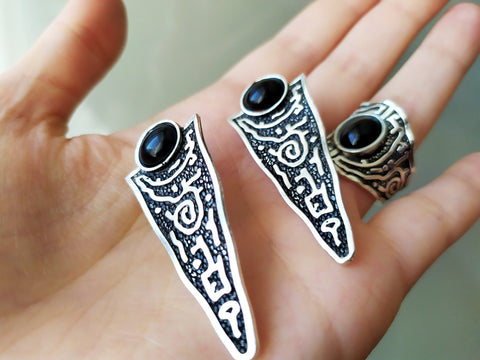 Silver 925 earrings and ring adjustable Black onyx jewelry Ethnic SET