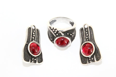 Black silver 925 Garnet red SET Unusual jewelry brands Earrings and ring