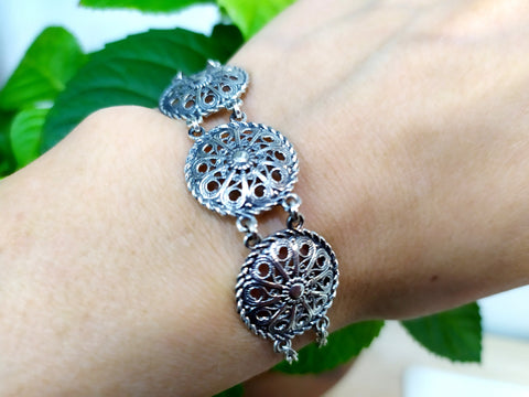Filigree Bracelet Sterling silver 925 with round details Adjustable with chain