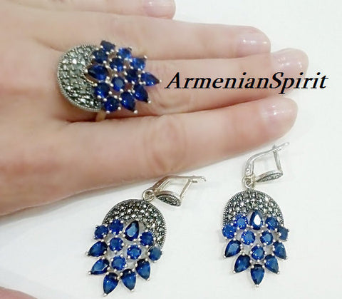 Blue jewelry set Sterling silver 925 ring and earrings marcasite