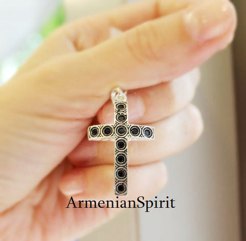 Armenian cross black stones Silver 925 men necklace crosses women