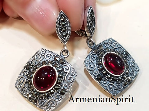 Marcasite Silver Earrings Vintage with red stone Handmade jewelry