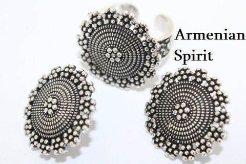 Armenian jewelry set Silver 925 Round earrings with English lock and adjustable ring
