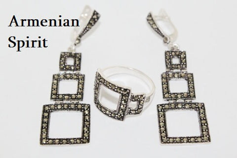 Marcasite earrings and ring Lightweight SILVER 925 square jewelry