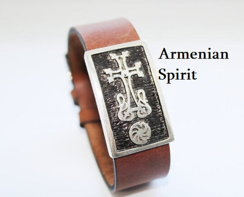 Armenian jewelry Genuine leather men bracelet with Silver cross 925