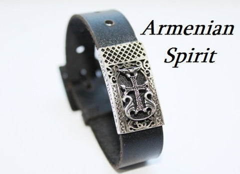 Genuine leather black bracelet with Silver cross 925 Armenian