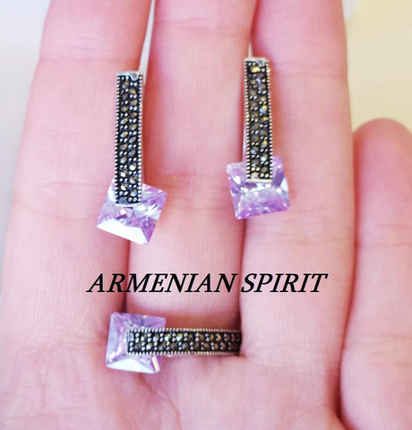 Small earrings pale purple Silver 925 Marcasite jewelry Minimalist
