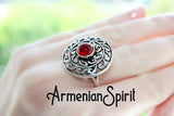 Ring Sterling silver 925 with red quartz stone Bohemian jewelry handcrafted