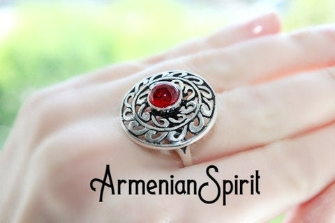 Ring Sterling silver 925 with red quartz stone Bohemian jewelry handcrafted
