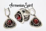 Wine red stone burgundy Silver 925 SET Earrings and ring oxidized