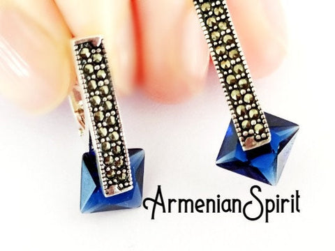 Small earrings blue Silver 925 Marcasite jewelry Minimalist Modern