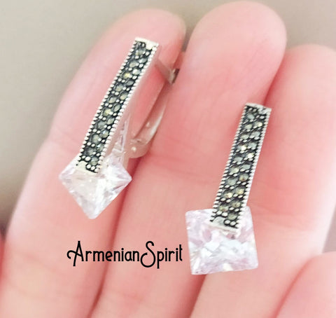 Small earrings white Silver 925 Marcasite jewelry Minimalist