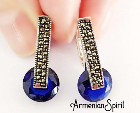 Small earrings Silver 925 with navy blue zircon stone Marcasite