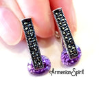 Small earrings Silver 925 with purple  zircon stone Marcasite jewelry