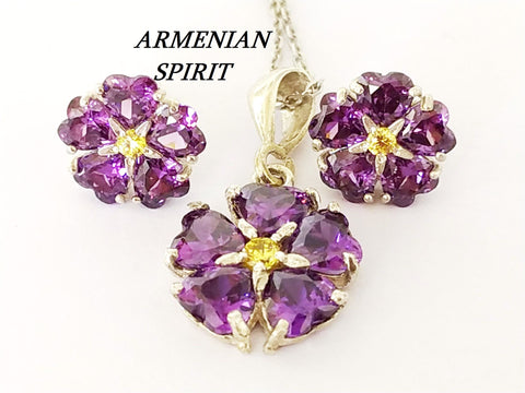 Set forget me not purple flower violet  Stud earrings and pendant Silver 925